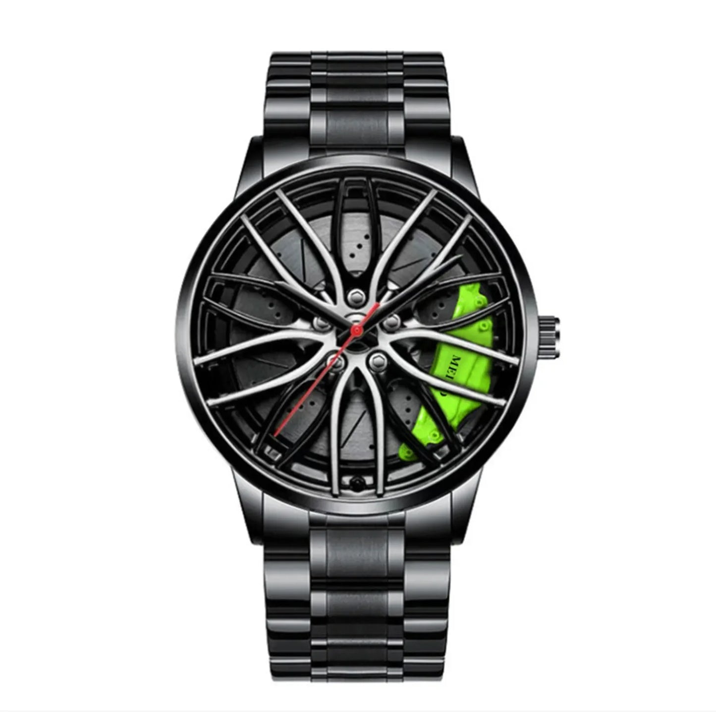 Men's Waterproof Stainless Steel Quartz Sports Watch with Car Wheel Rim Hub Design