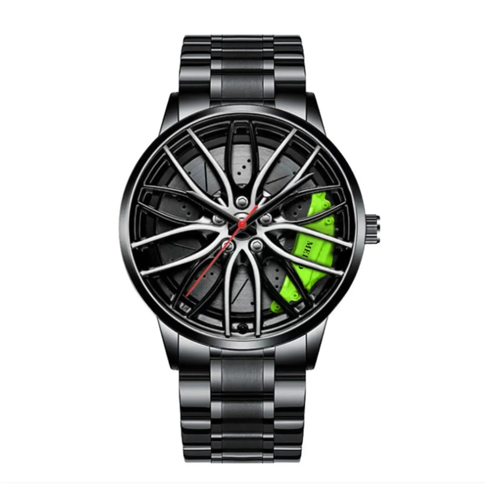 Men's Waterproof Stainless Steel Quartz Sports Watch with Car Wheel Rim Hub Design