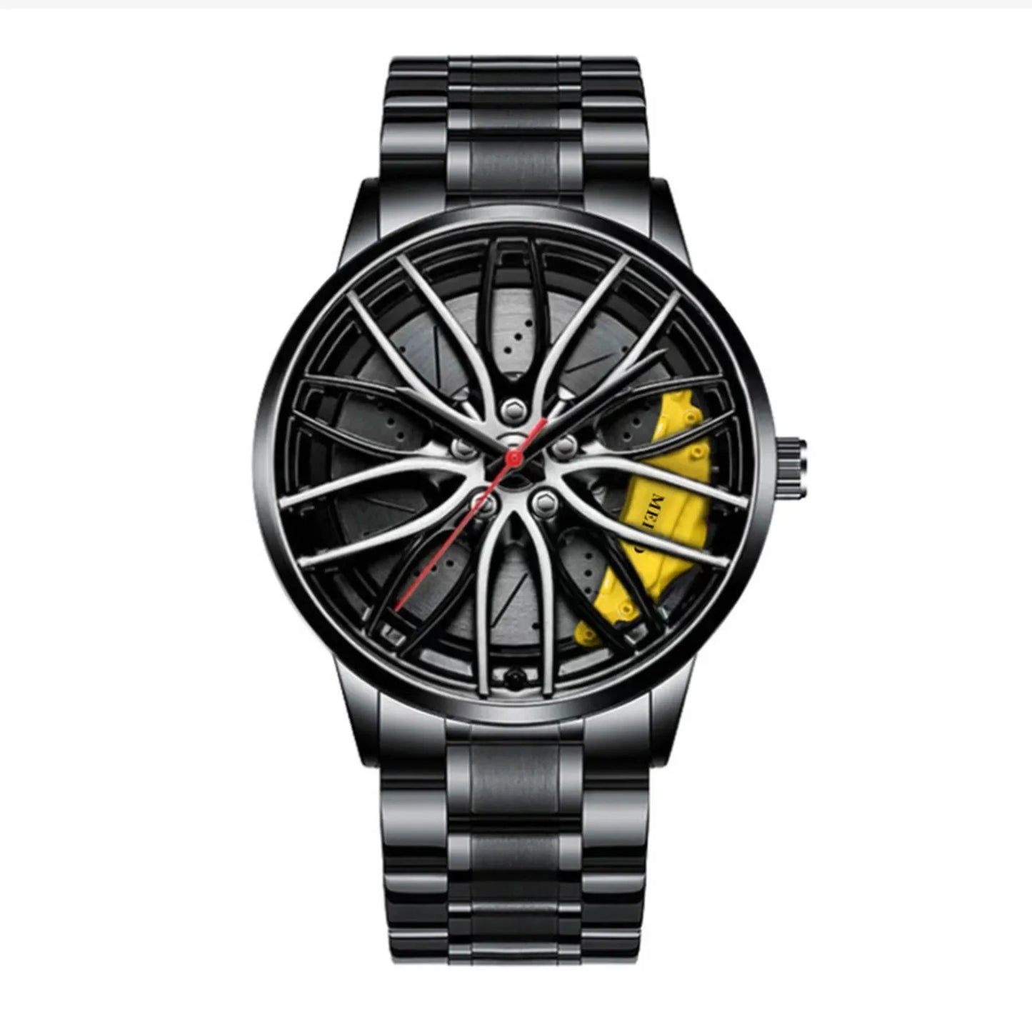 Men's Waterproof Stainless Steel Quartz Sports Watch with Car Wheel Rim Hub Design