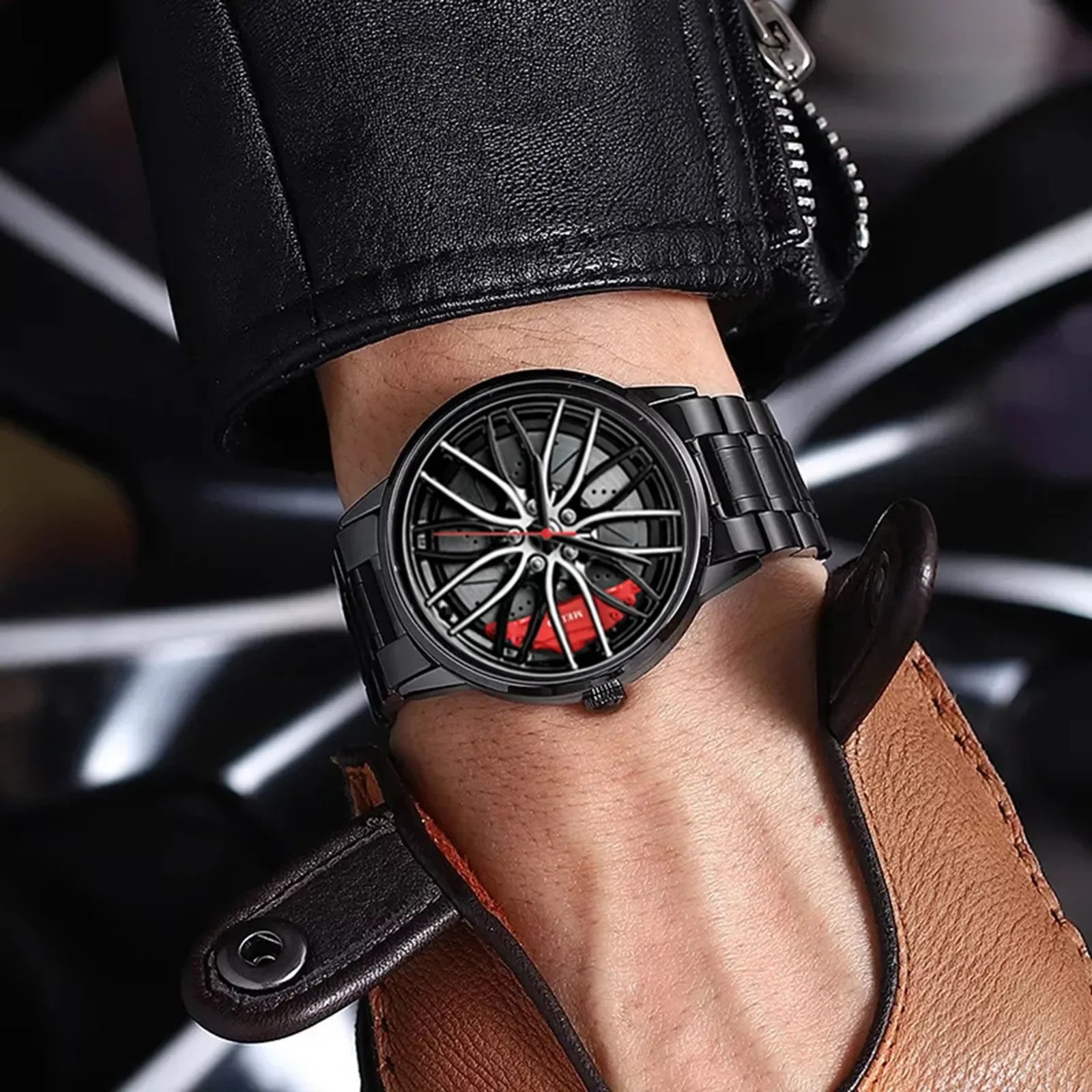 Men's Waterproof Stainless Steel Quartz Sports Watch with Car Wheel Rim Hub Design