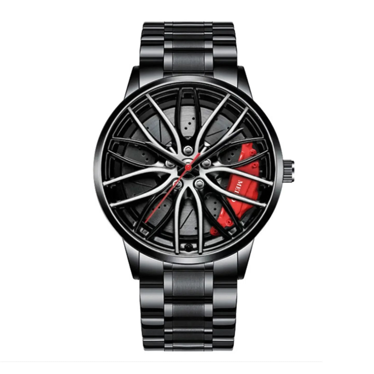 Men's Waterproof Stainless Steel Quartz Sports Watch with Car Wheel Rim Hub Design