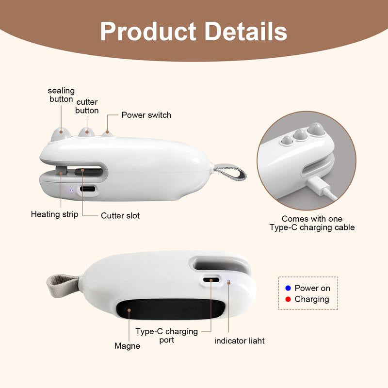 Mini Sealing Machine, 2-In-1 Sealing Machine Blade and Magnetic Suction Design, Funky Kitchen Supplies,Usb-C Rechargeable Handheld Sealing, Potato Chip Sealing Machine, with Long-Lasting Battery Life, Bag Cutting Machine, Food Storage Sealing Machine