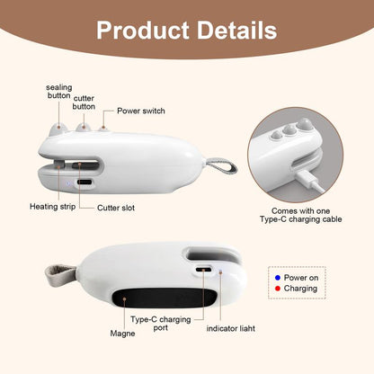 Mini Sealing Machine, 2-In-1 Sealing Machine Blade and Magnetic Suction Design, Funky Kitchen Supplies,Usb-C Rechargeable Handheld Sealing, Potato Chip Sealing Machine, with Long-Lasting Battery Life, Bag Cutting Machine, Food Storage Sealing Machine