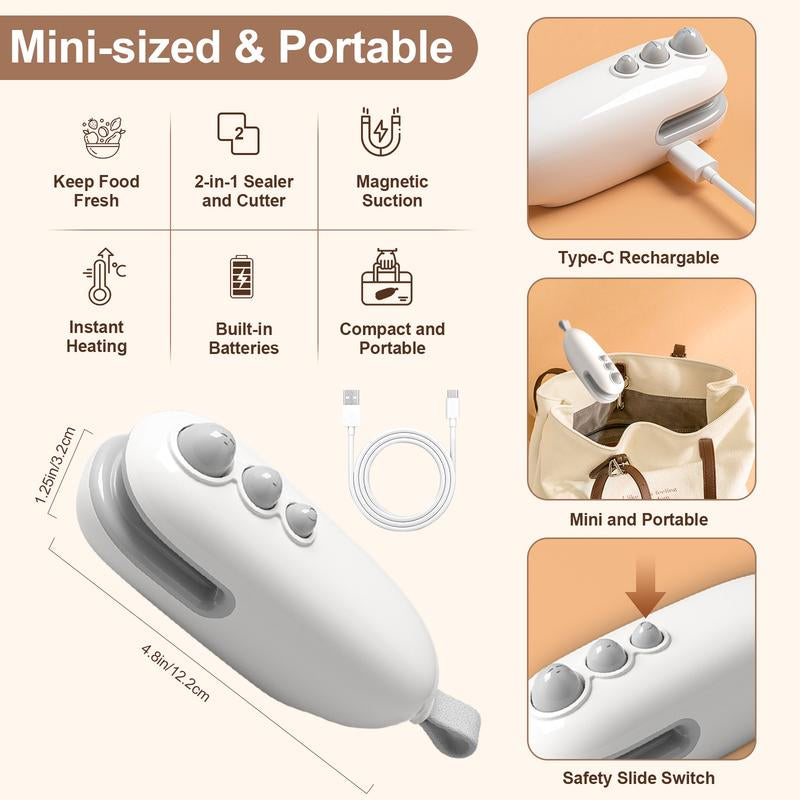 Mini Sealing Machine, 2-In-1 Sealing Machine Blade and Magnetic Suction Design, Funky Kitchen Supplies,Usb-C Rechargeable Handheld Sealing, Potato Chip Sealing Machine, with Long-Lasting Battery Life, Bag Cutting Machine, Food Storage Sealing Machine