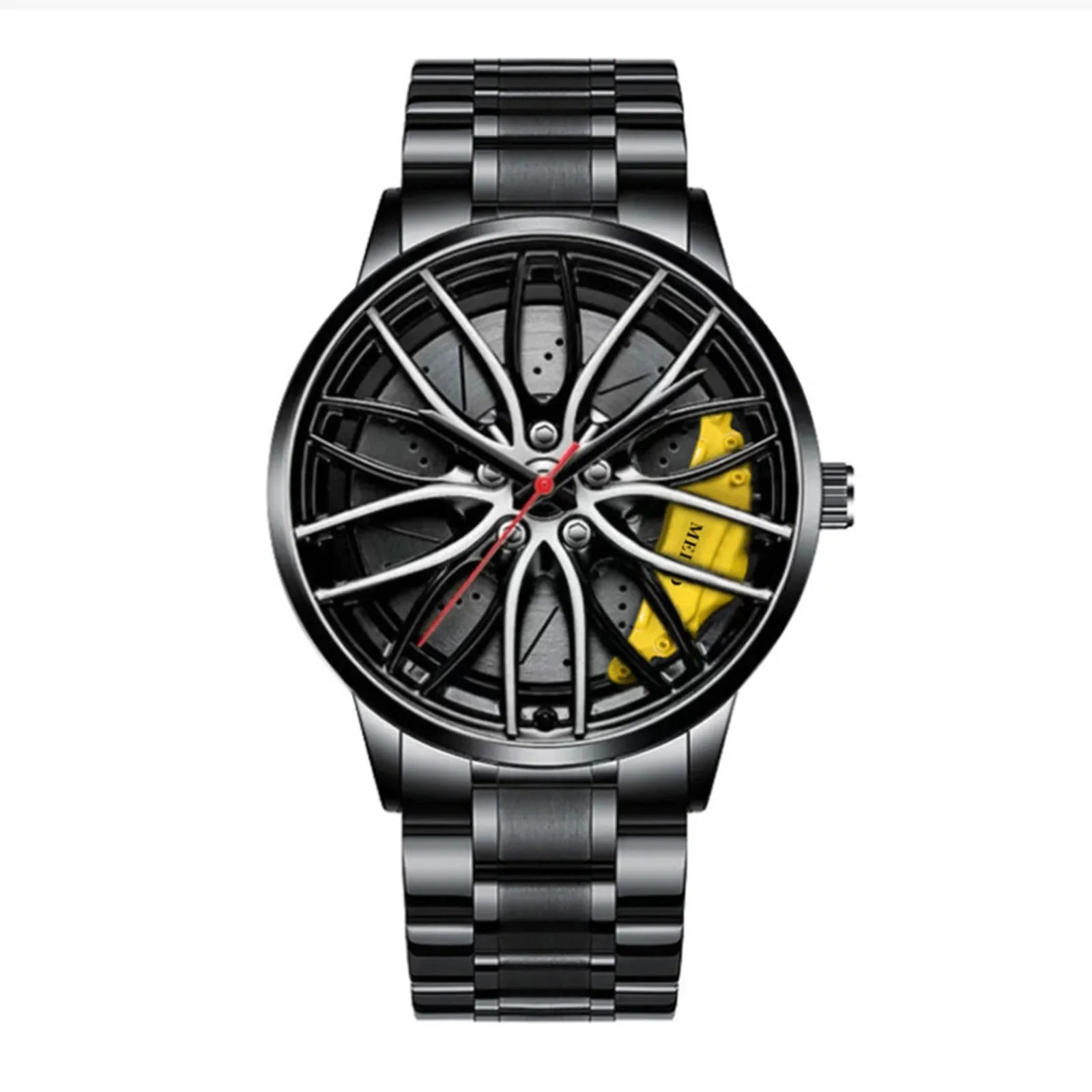 Men's Waterproof Stainless Steel Quartz Sports Watch with Car Wheel Rim Hub Design