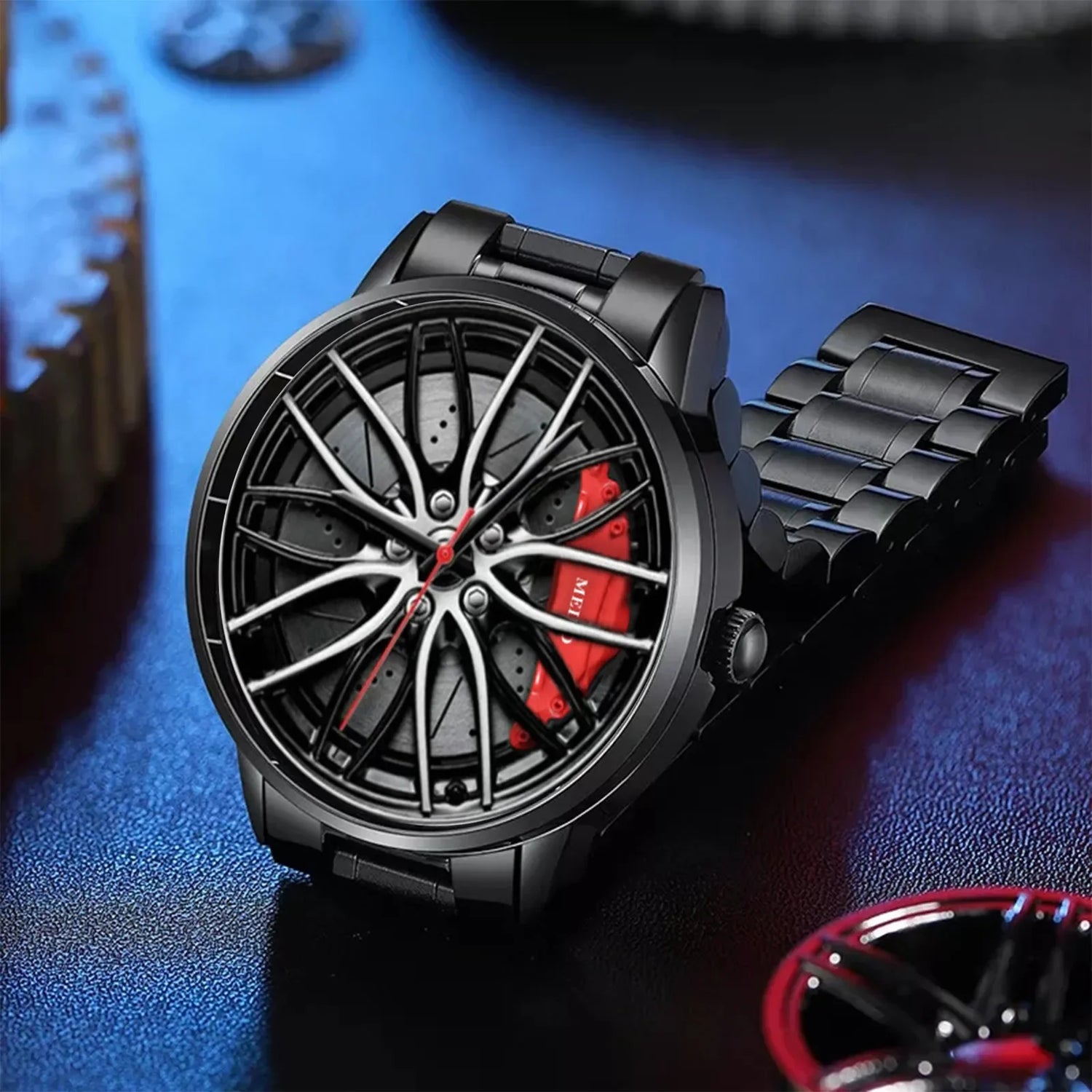 Men's Waterproof Stainless Steel Quartz Sports Watch with Car Wheel Rim Hub Design