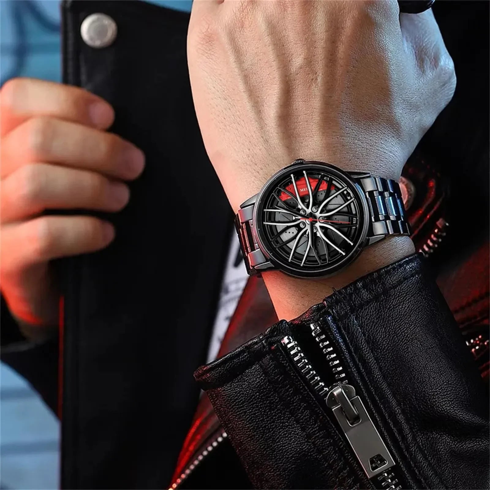 Men's Waterproof Stainless Steel Quartz Sports Watch with Car Wheel Rim Hub Design