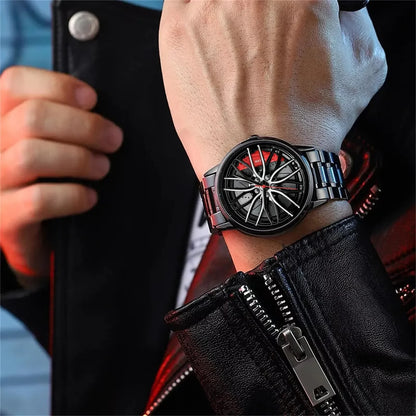 Men's Waterproof Stainless Steel Quartz Sports Watch with Car Wheel Rim Hub Design