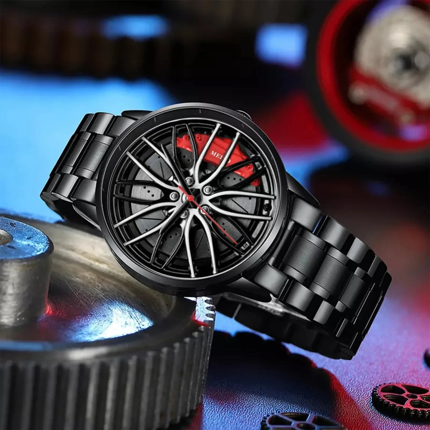 Men's Waterproof Stainless Steel Quartz Sports Watch with Car Wheel Rim Hub Design