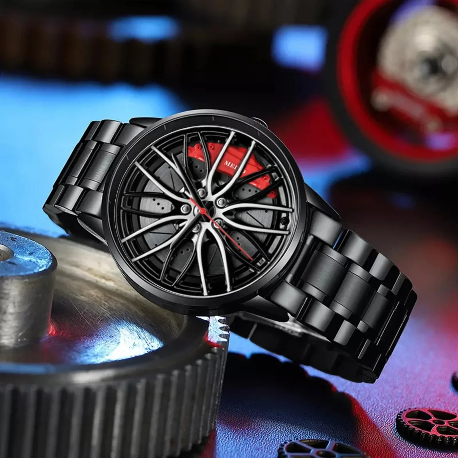 Men's Waterproof Stainless Steel Quartz Sports Watch with Car Wheel Rim Hub Design