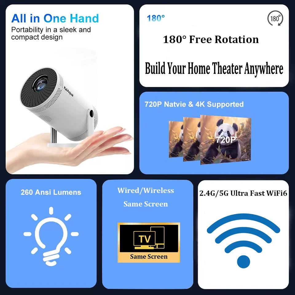 Mini Portable Projector Support 4K 1080P Video