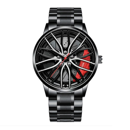 Men's Waterproof Stainless Steel Quartz Sports Watch with Car Wheel Rim Hub Design
