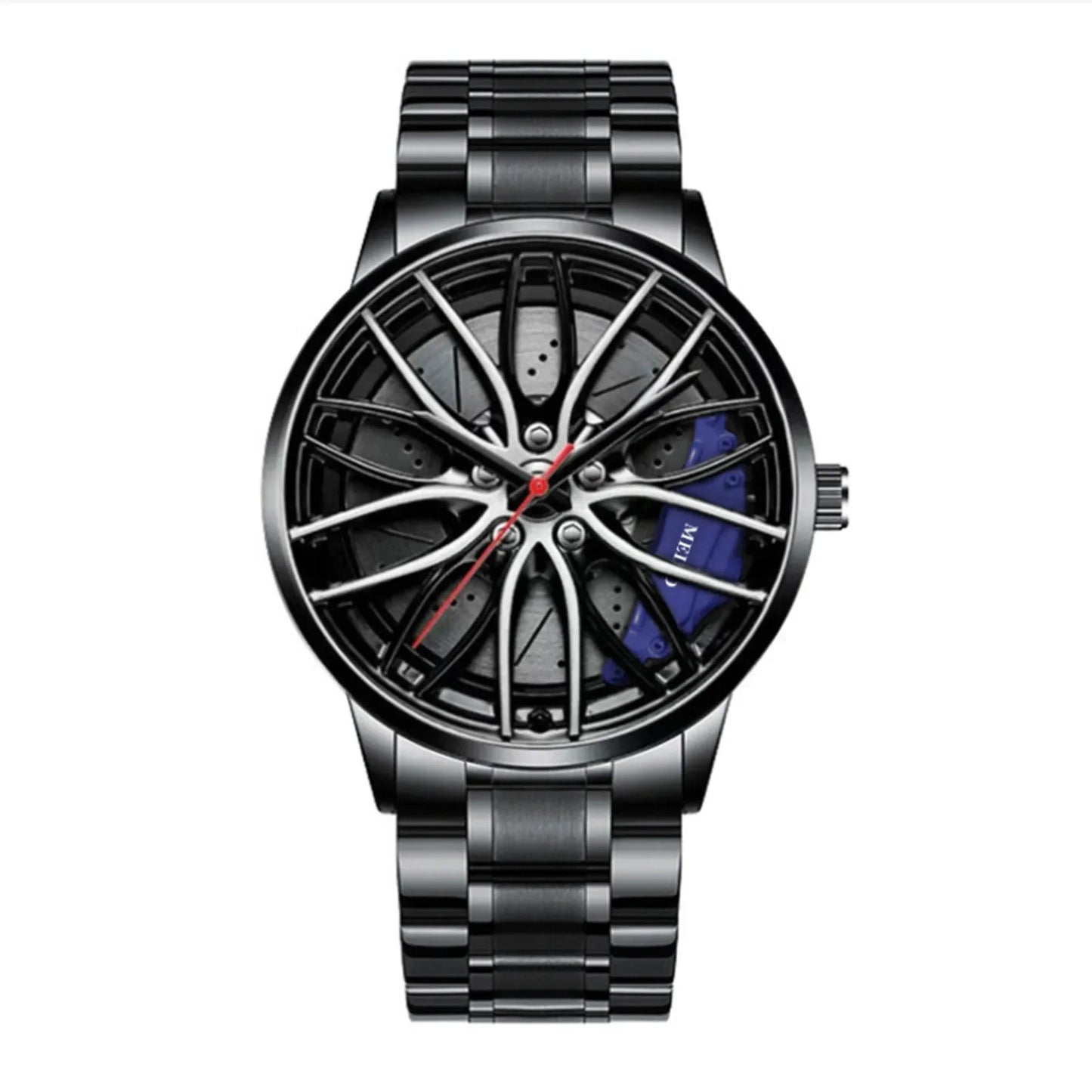 Men's Waterproof Stainless Steel Quartz Sports Watch with Car Wheel Rim Hub Design