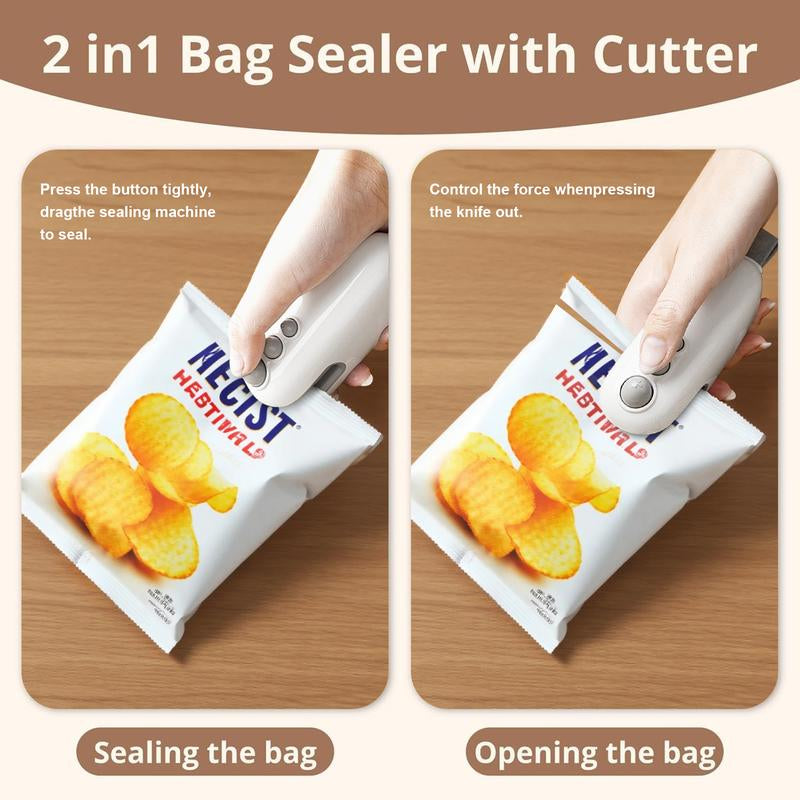 Mini Sealing Machine, 2-In-1 Sealing Machine Blade and Magnetic Suction Design, Funky Kitchen Supplies,Usb-C Rechargeable Handheld Sealing, Potato Chip Sealing Machine, with Long-Lasting Battery Life, Bag Cutting Machine, Food Storage Sealing Machine